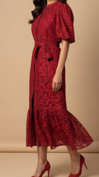 CRIMSON DAHLIA EMBROIDERY LACE DRESS