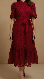 CRIMSON DAHLIA EMBROIDERY LACE DRESS