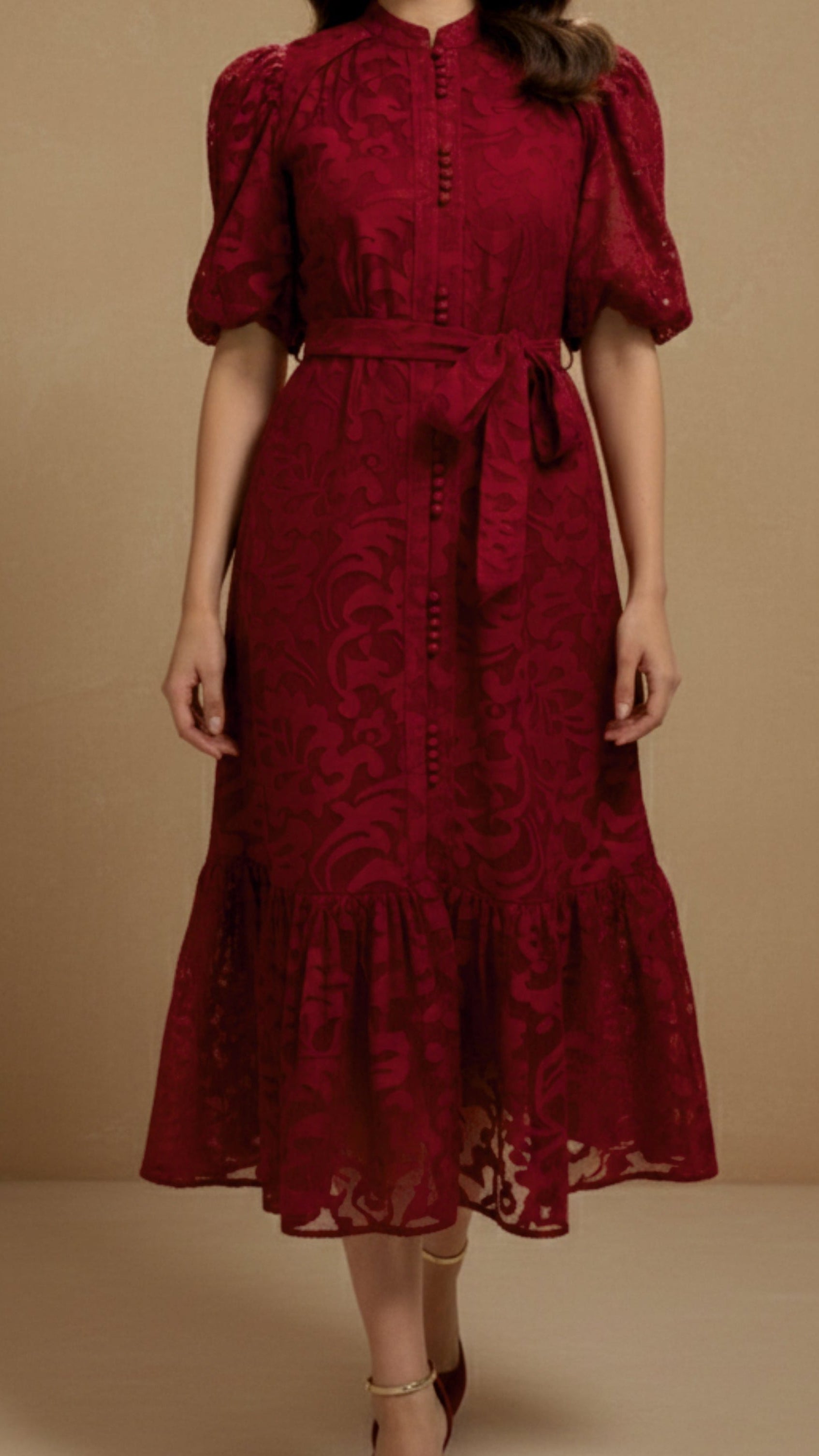 CRIMSON DAHLIA EMBROIDERY LACE DRESS